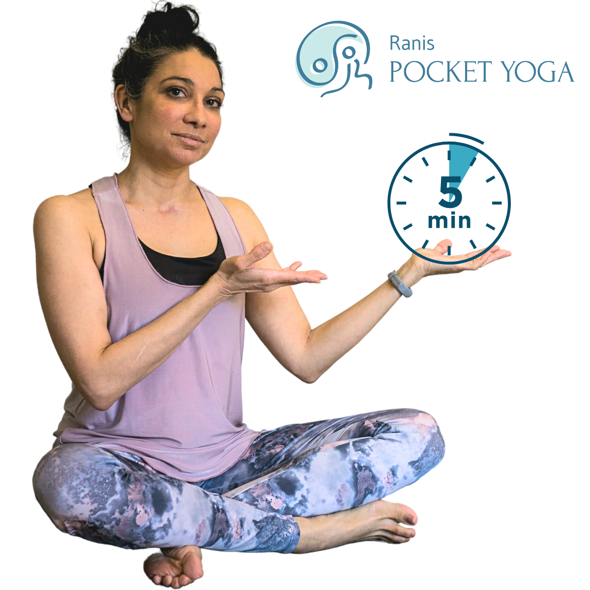 Rani's Pocket Yoga - Rani Gindl, mit einer 5-Minuten Uhr - Logo Rani Yoga Wien. Ranis Pocket Yoga