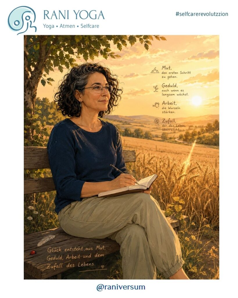 Illustration einer nachdenklichen Frau mit lockigem Haar und Brille auf einer Holzbank vor einem goldenen Sommerfeld bei Sonnenuntergang. Sie schreibt in ein Notizbuch. Neben ihr stehen die Begriffe Mut, Geduld, Arbeit und Zufall. Das Bild symbolisiert Glück als Zusammenspiel von persönlichem Einsatz und den Überraschungen des Lebens.