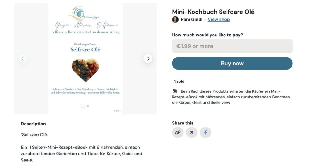 Cover des Mini-Rezept-eBooks „Selfcare Olé“ von Rani Yoga mit Herz aus mediterranen Speisen und dem Slogan „Selfcare selbstverständlich in deinem Alltag“.