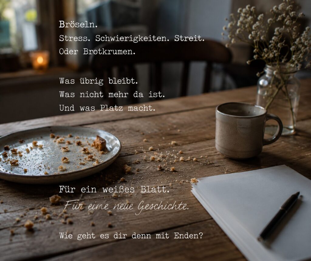 Rustikaler Holztisch mit Bröseln auf einem Teller und verstreut auf der Tischplatte. Daneben stehen eine Keramiktasse, eine Vase mit Trockenblumen sowie ein leeres Blatt Papier mit Stift. Die warme Stimmung symbolisiert Enden, Loslassen und neue Geschichten.