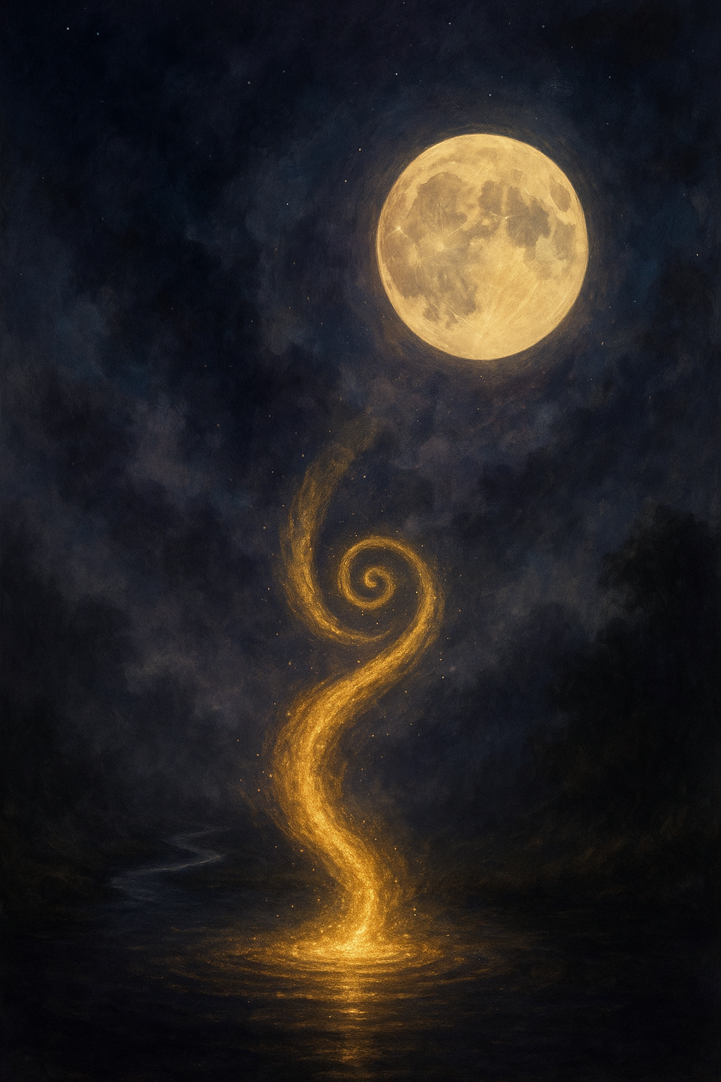 Eine goldene Spirale aus Licht steigt vom Wasser in den nächtlichen Himmel empor, wo ein voller Mond über der Szene leuchtet – Symbol für Atem, Wandel und die Magie der Rauhnächte.
