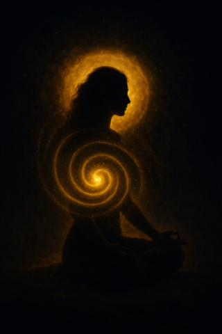 Meditierende Frau im Dunkeln mit leuchtender goldener Spiralenergie im Brustraum, Symbol für Atem, Ruhe und innere Transformation. - Ki generated