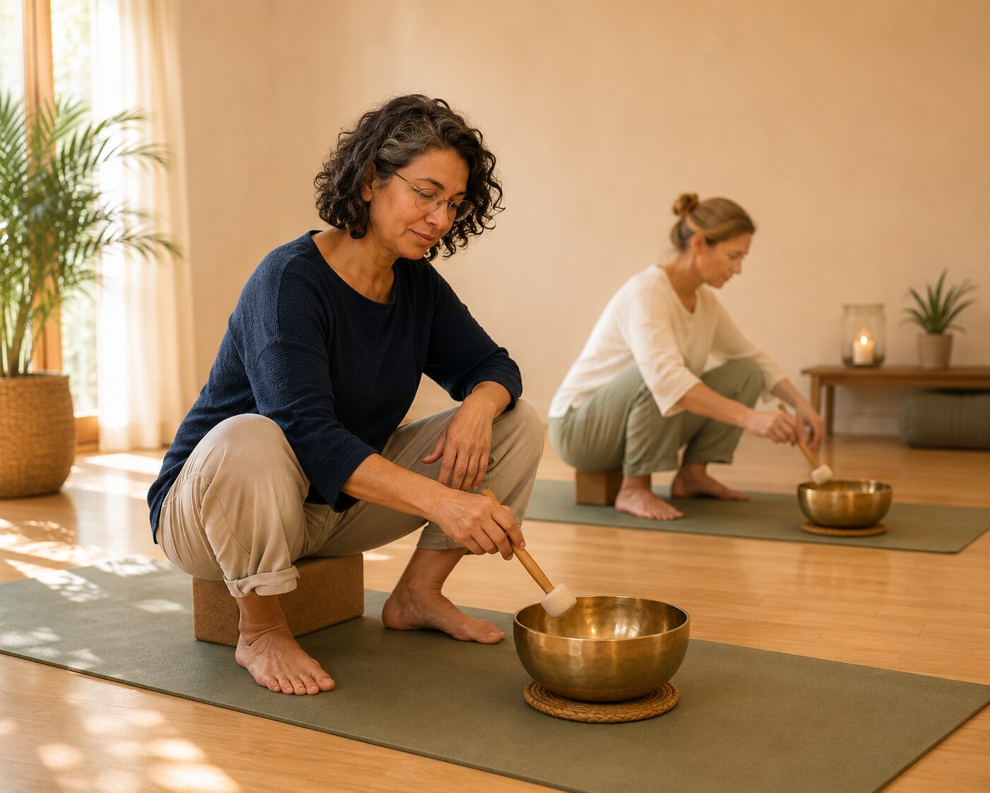Yoga im Klangraum – Erdung und Achtsamkeit Zwei Frauen praktizieren Yoga mit Klangschalen auf Yogamatten in einem hellen, ruhigen Raum. Die vordere Frau sitzt in einer unterstützten Hocke und schlägt ihre Klangschale an.