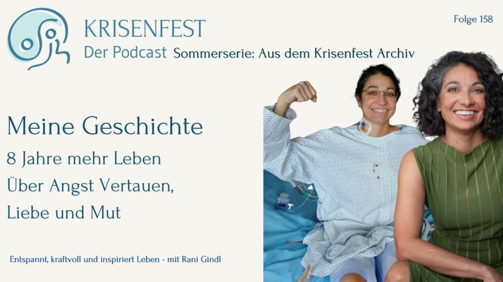Titelbild zur Podcastfolge 158 von Krisenfest. Links ist Rani Gindl kurz nach ihrer Lungentransplantation im Krankenhaus zu sehen, rechts ein aktuelles Porträt. Der Text lautet: „Meine Geschichte – 8 Jahre mehr Leben – Über Angst, Vertrauen, Liebe und Mut.“